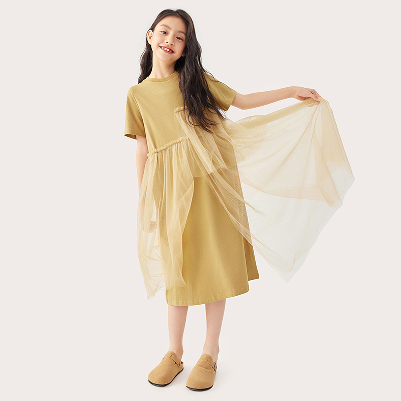 【凉感】纯一良品女童针织短袖连衣裙夏 青少年个性网纱拼接裙子