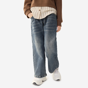 纯一良品童装女童牛仔裤女孩秋冬新款中大童复古潮酷加绒阔腿裤子