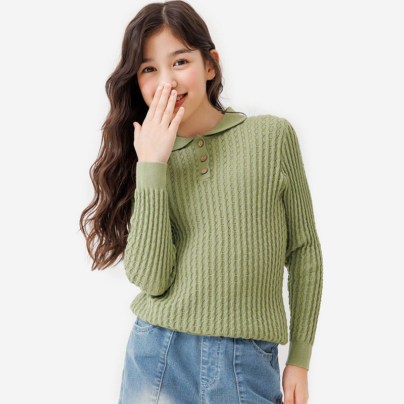 纯一良品童装女童毛衣女孩秋季新款中大童舒适复古钩花翻领针织衫