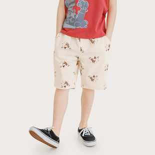 【全棉】纯一良品男童梭织五分裤米色 个性满印裤子 小孩休闲中裤