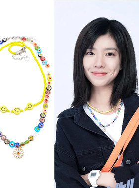 二进制恋爱庄达菲欠欠儿同款笑脸圆琉璃项链圈黄色米珠雏菊锁骨链