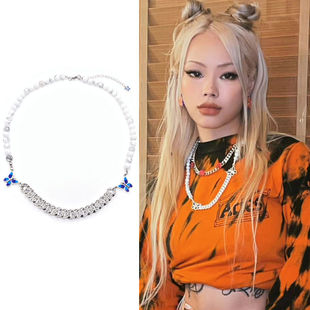 万妮达同款天然锆石金银钻双蝴蝶拼接项链男女个性嘻哈毛衣链饰品