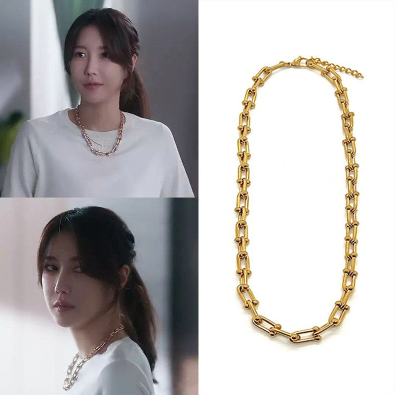 韩剧顶楼李智雅同款金色u型环扣项链马蹄关节毛衣链男女个性嘻哈