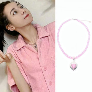 迪丽热巴同款粉色猫眼石爱心珍珠项链圈男女高级设计感轻奢锁骨链