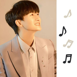 周深同款黑金满钻925银针耳钉环八十六分音符胸针两用饰品男女ins