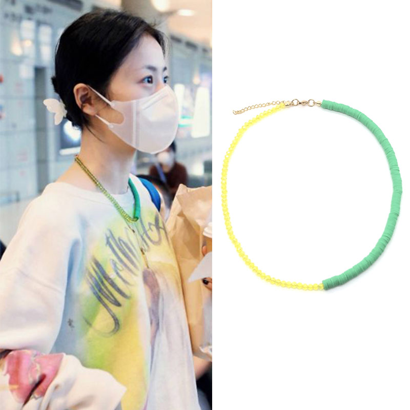 周雨彤同款绿黄色水晶玻璃拼接项链亚马逊硅胶choker项圈女小清新