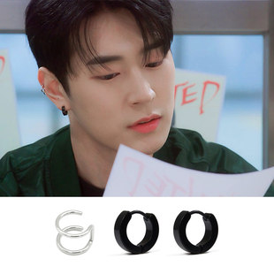 韩剧语义错误朴承俊栖含同款黑色钛钢双线耳扣环圈夹情侣套装耳饰