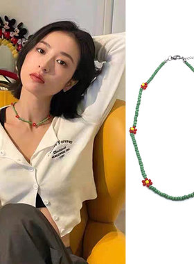 周雨彤同款红雏菊绿珠花项链锁骨