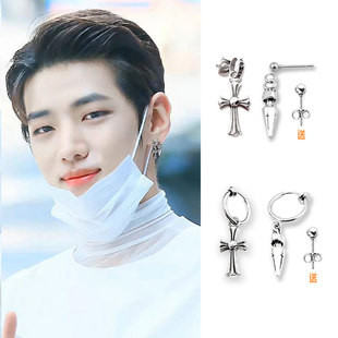 语义错误朴宰灿秋尚宇栖含同款十字花子弹锥耳钉夹坠男女时尚饰品