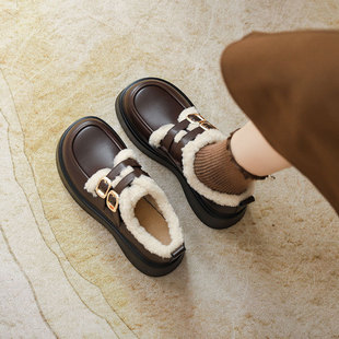 真皮秋冬季加绒乐福鞋女2024新款厚底棉鞋毛毛单鞋子英伦风小皮鞋