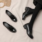 小皮鞋 粗跟春秋单鞋 女英伦风高跟2024新款 浅口百搭黑色厚底乐福鞋