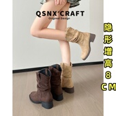 爆款 羊皮版 内增高靴子女2025新款 中筒粗跟短靴卡其色褶皱堆堆靴