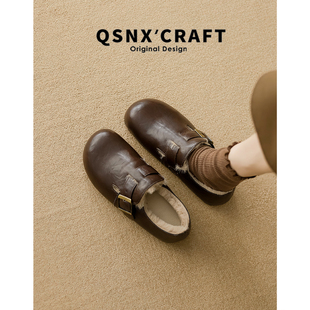 冬季 女2025新款 单鞋 保暖毛毛棉鞋 真皮 棕色小皮鞋 加绒皮面勃肯鞋