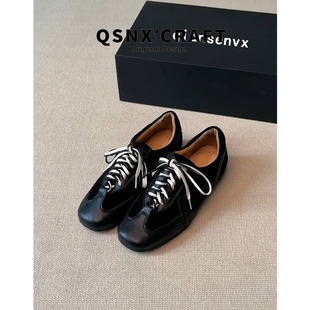 牛皮版 女2025新款 平底真皮百搭休闲单鞋 子 复古风黑色系带德训鞋