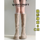 羊皮版~内增高长筒靴女2025新款爆款卡其色厚底长靴小个子堆堆靴