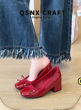 真皮版~内增高红色玛丽珍鞋女2026春蝴蝶结方头浅口小个子单鞋女
