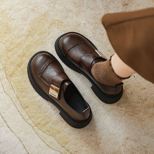 大头棕色英伦风小皮鞋 厚底中跟单鞋 女2024春秋新款 真皮复古乐福鞋