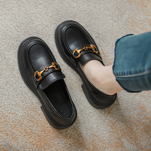 一脚蹬英伦风小皮鞋 平底浅口单鞋 女2024春秋新款 全真皮软底乐福鞋