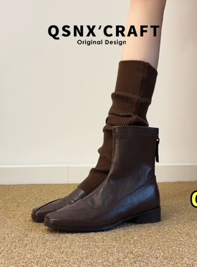 羊皮版~内增高3/6cm短靴女2025新款秋冬弹力瘦瘦靴通勤棕色马丁靴