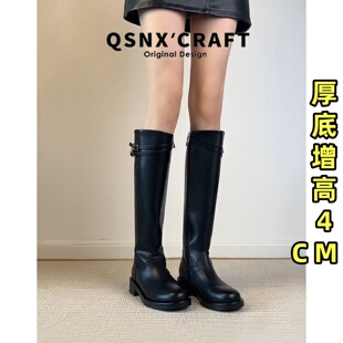牛皮版 皮带扣骑士靴设计感不过膝高筒长靴 黑色长筒靴女2025爆款