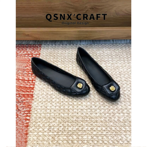 羊皮版~小香风菱格平底单鞋女2026新款黑色山茶花百搭通勤奶奶鞋