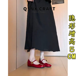 真皮版~法式复古浅口单鞋女2026夏红色内增高软皮玛丽珍鞋配裙子