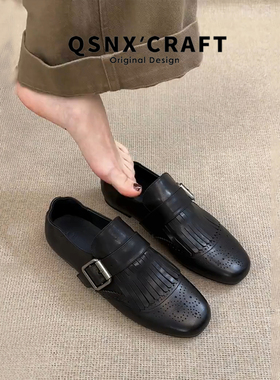 羊皮版~雕花流苏乐福鞋女2025新款黑色皮带扣百搭通勤平底小皮鞋