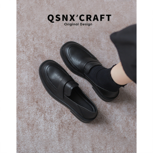 百搭英伦风小皮鞋 牛皮 通勤一脚蹬平底单鞋 女2025新款 黑色乐福鞋