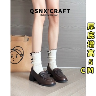 牛皮版~英伦风复古小皮鞋女2025新款蝴蝶结中跟粗跟圆头乐福鞋子