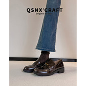 牛皮版 英伦风圆头通勤深棕色小皮鞋 复古一脚蹬乐福鞋 女2025新款