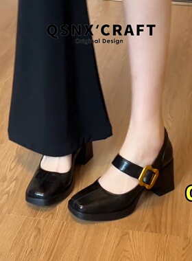 牛皮版~法式复古风方头玛丽珍鞋女2025新款粗跟一字扣不累脚单鞋