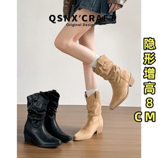 羊皮版~卡其色内增高短靴女2025新款爆款尖头小个子褶皱堆堆靴子