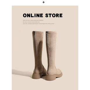 后拉链长筒靴女2024秋冬新款卡其色麂皮绒面长靴子高筒弹力瘦瘦靴