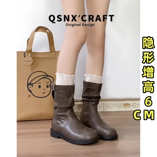 羊皮版~棕色内增高靴子女2025新款秋美拉德小个子短靴褶皱堆堆靴