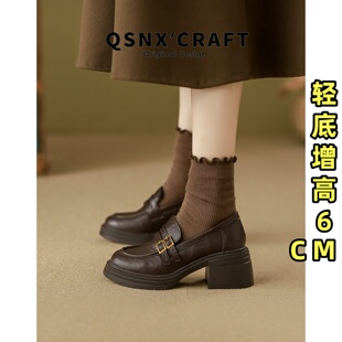 棕色小皮鞋 真皮版 粗跟英伦风通勤单鞋 女2025新款 厚底高跟乐福鞋