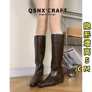 羊皮版~内增高长筒靴女2025新款裤管长靴子小个子棕色尖头骑士靴