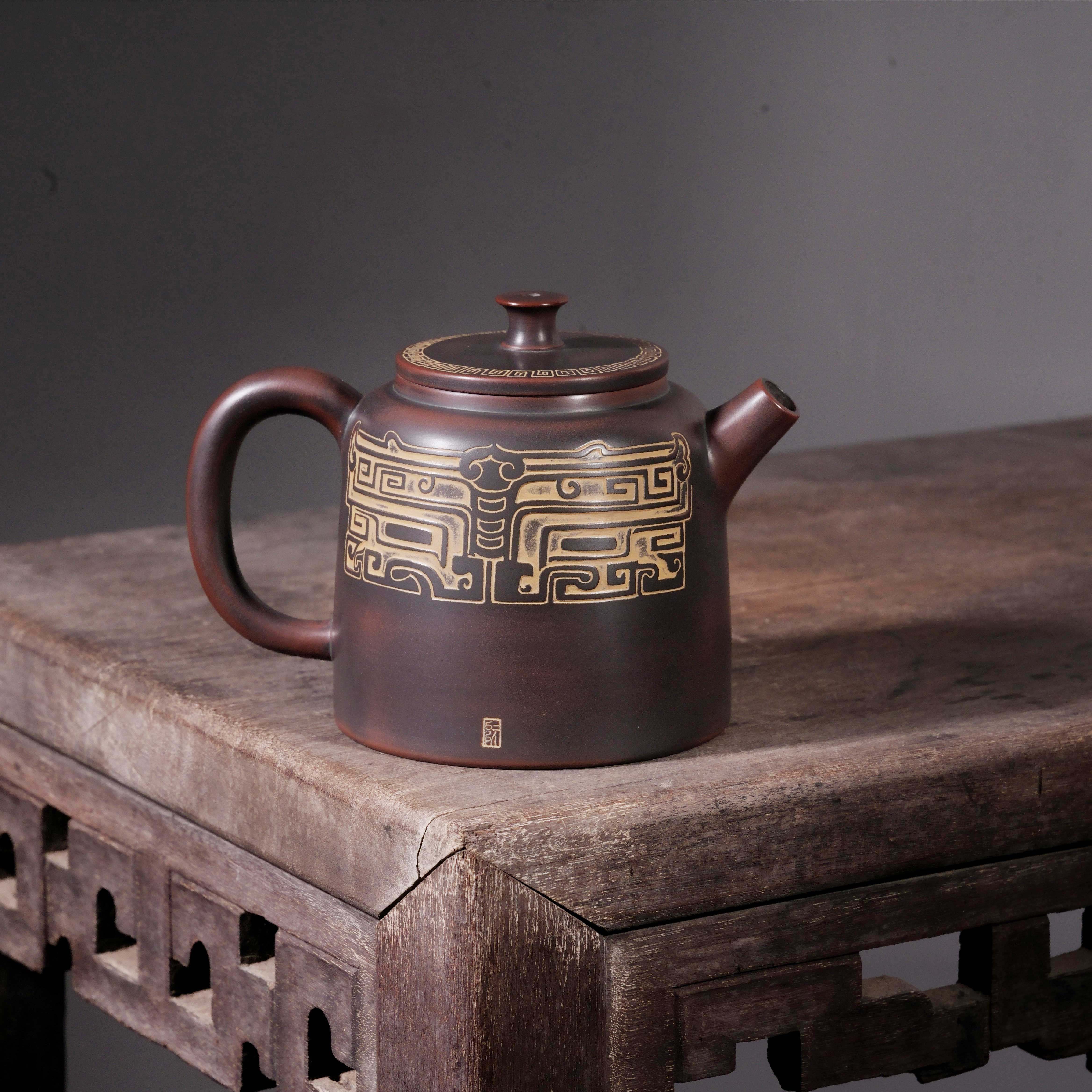 雅趣壶 精品手工雕刻坭兴陶茶壶 传统古典青铜风格 170cc六堡茶具