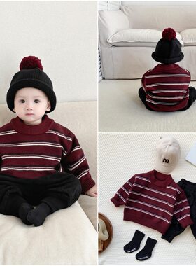 ins婴幼儿童装2025新款男女宝宝欧美风复古套头毛衣潮条纹上衣