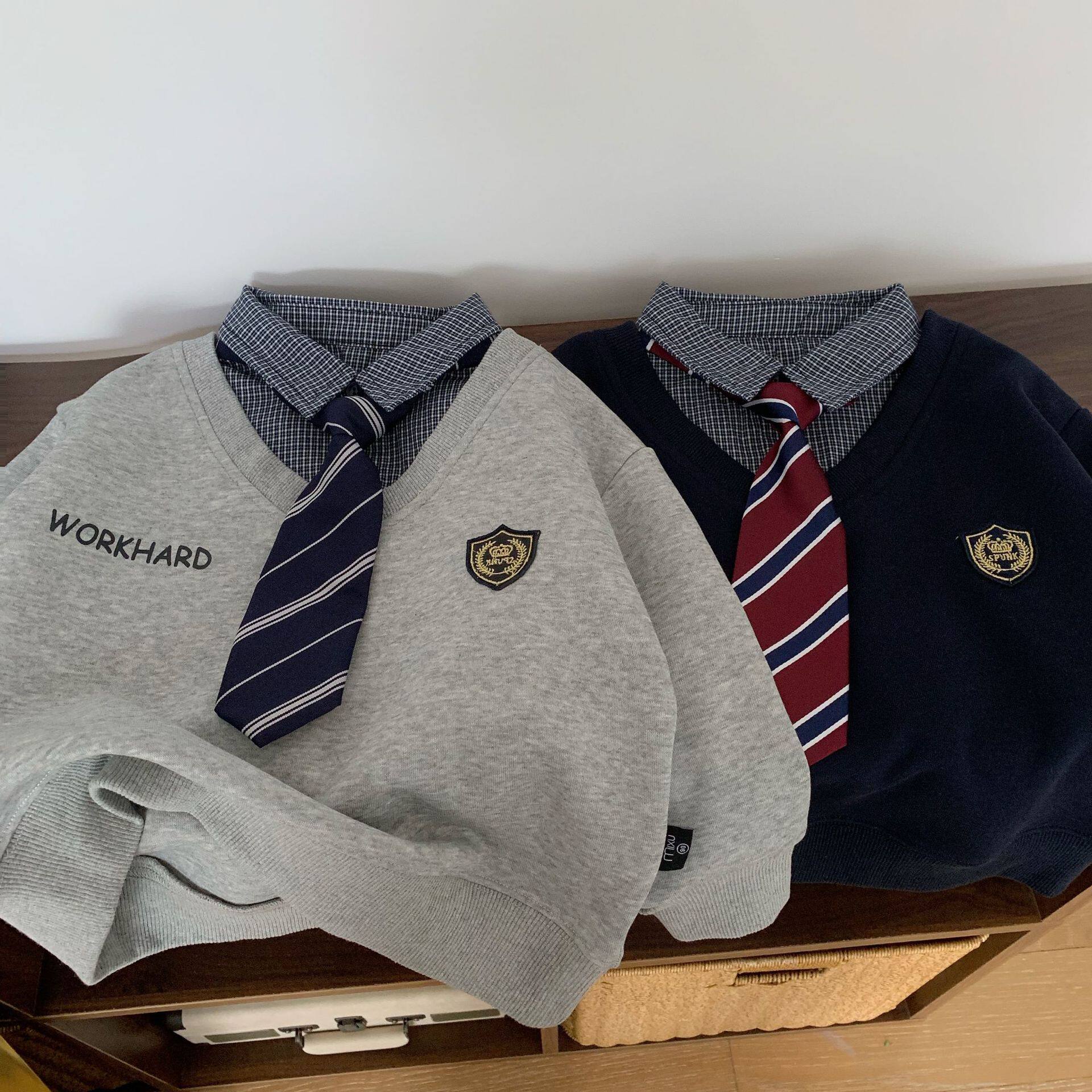 男童装春款儿童帅气礼服Polo衫百搭假两件领带衬衣领气质长袖卫衣