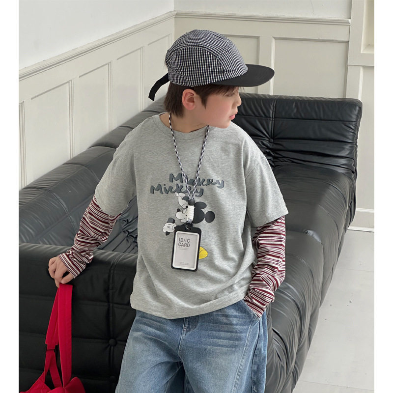 儿童装春款男童帅气百搭假两件卡通纯棉可爱百搭长袖T恤上衣中童
