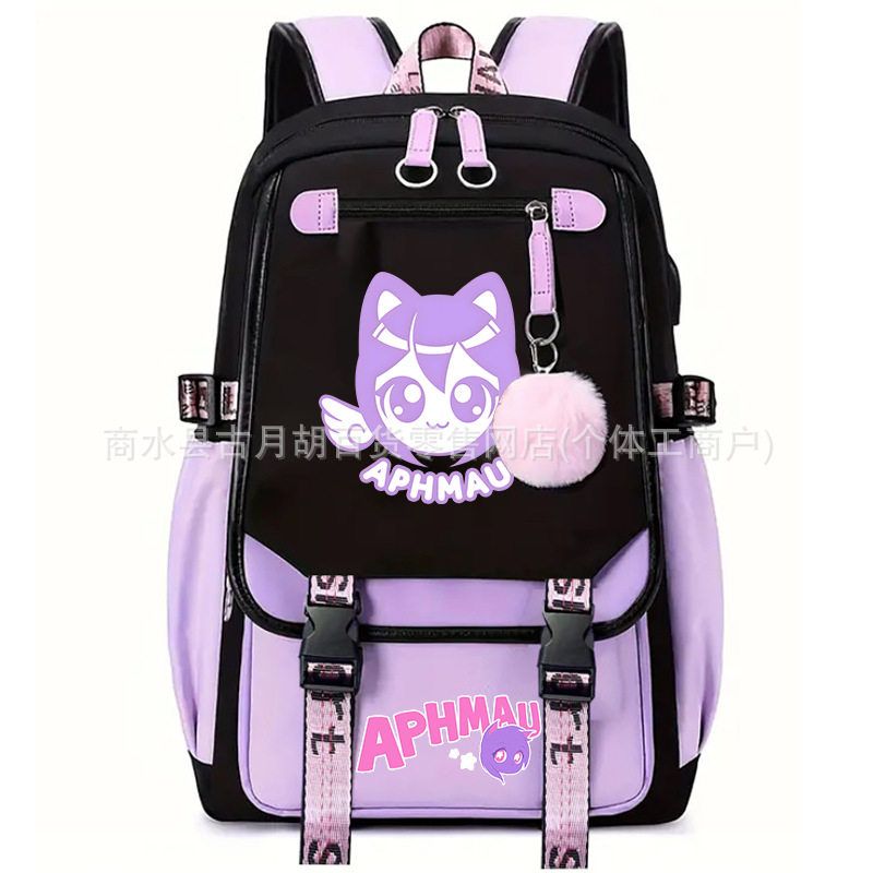 aphmau卡通印花双肩背包USB护脊减负拼色学生书包简约休闲帆布包