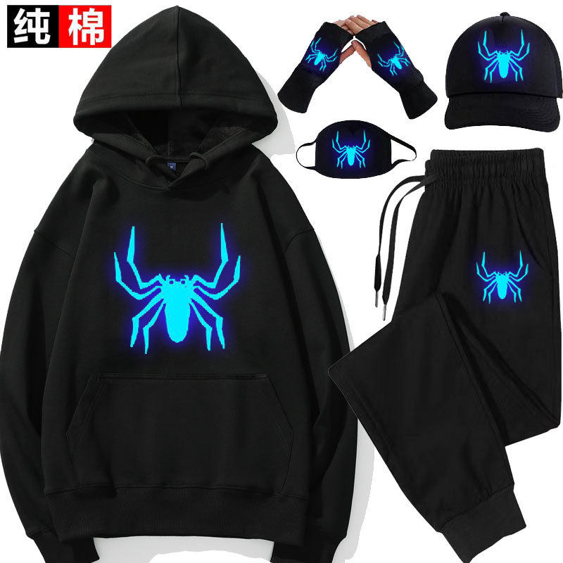 男童加绒蜘蛛侠卫衣秋冬季2020新款韩版儿童中大童加厚连帽夜光