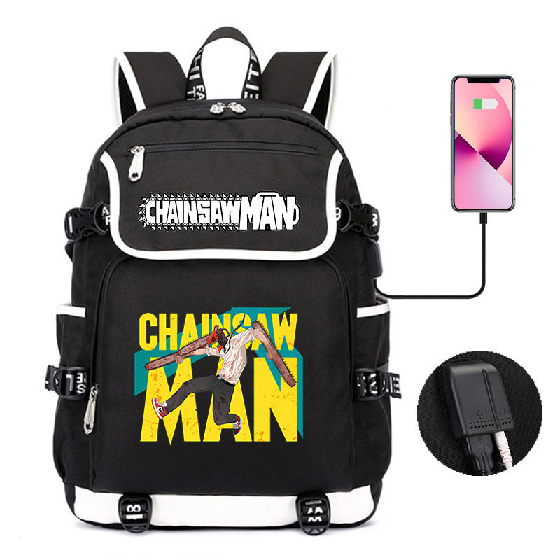 跨境新款链锯人双肩背包青少年休闲学生书包USB电脑包轻便