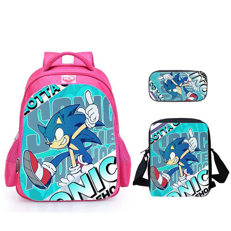 外贸热销三件套书包＋竖款挎包＋笔袋索尼克sonic卡通印花周边