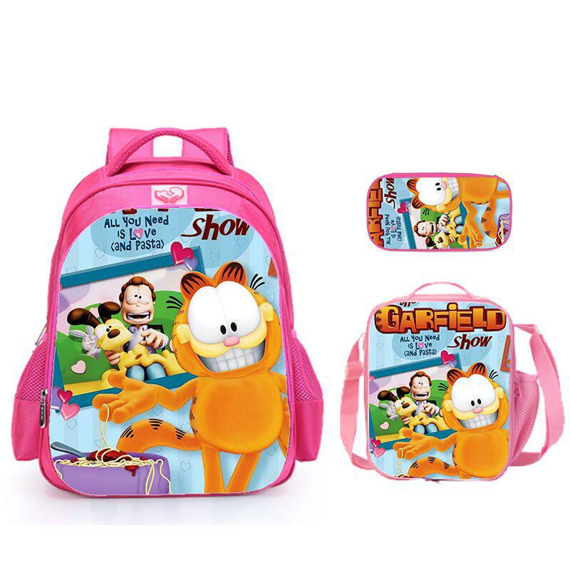 可爱三件套书包+餐包+笔袋 卡通印花图案Garfield Show加菲猫系列