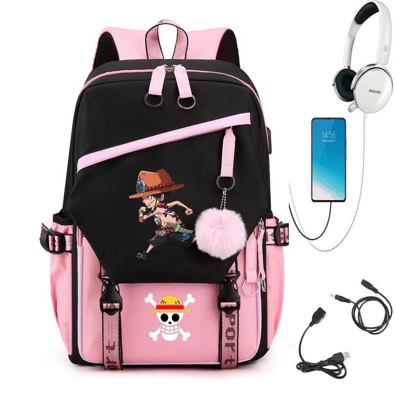 海贼王周边双肩背包 航海王印花usb接口书包 充电背包电脑包挎包