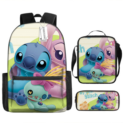 星际宝贝stitch史迪仔史迪奇书包三件套 涤纶印花背包 动漫午餐包