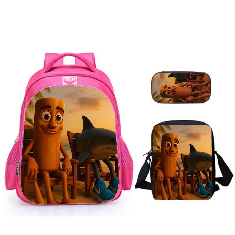 跨境新品-海经木棍人系列三件套卡通印花牛津纺书包+挎包+笔袋