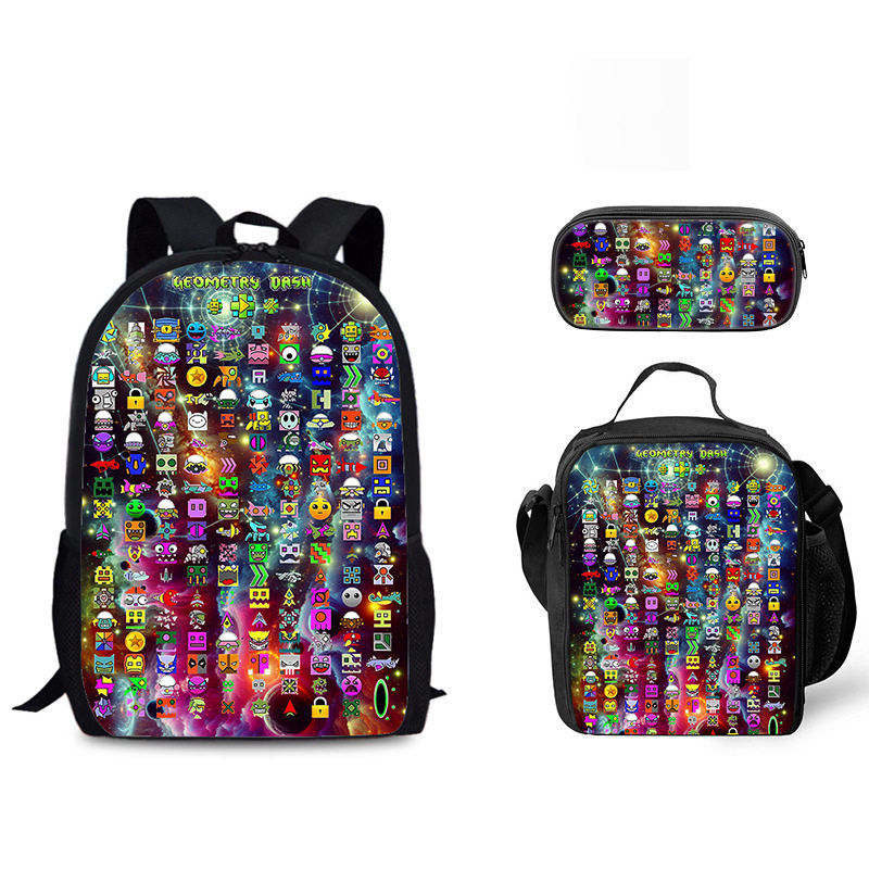 批发几何冲刺三件套40cm书包笔袋午餐包Geometry Dash学生收纳袋,文具电教/文化用品/商务用品,学生书包,淘宝优惠券,粉丝福利购,淘宝优惠卷