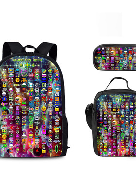 批发几何冲刺三件套40cm书包笔袋午餐包Geometry Dash学生收纳袋